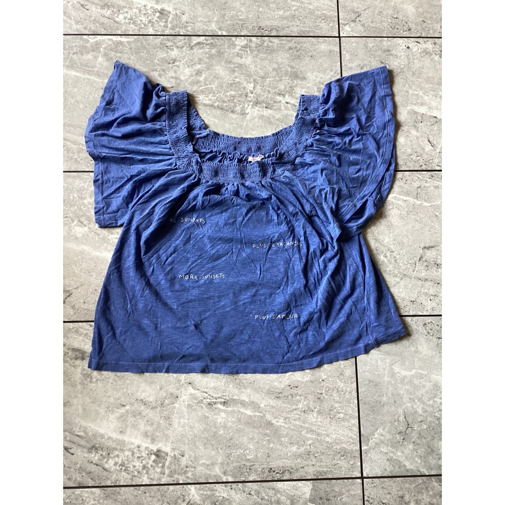 Sundry Blue Pima Cotton Smocked Flutter Sleeve Embroidered Top Size 2 US M NWT